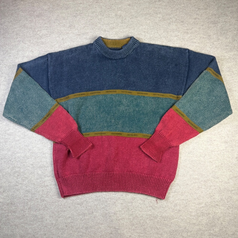 Vintage Structure MCMXC Colorblock Sweater Mens M Blue Teal Red Ramie Cotton